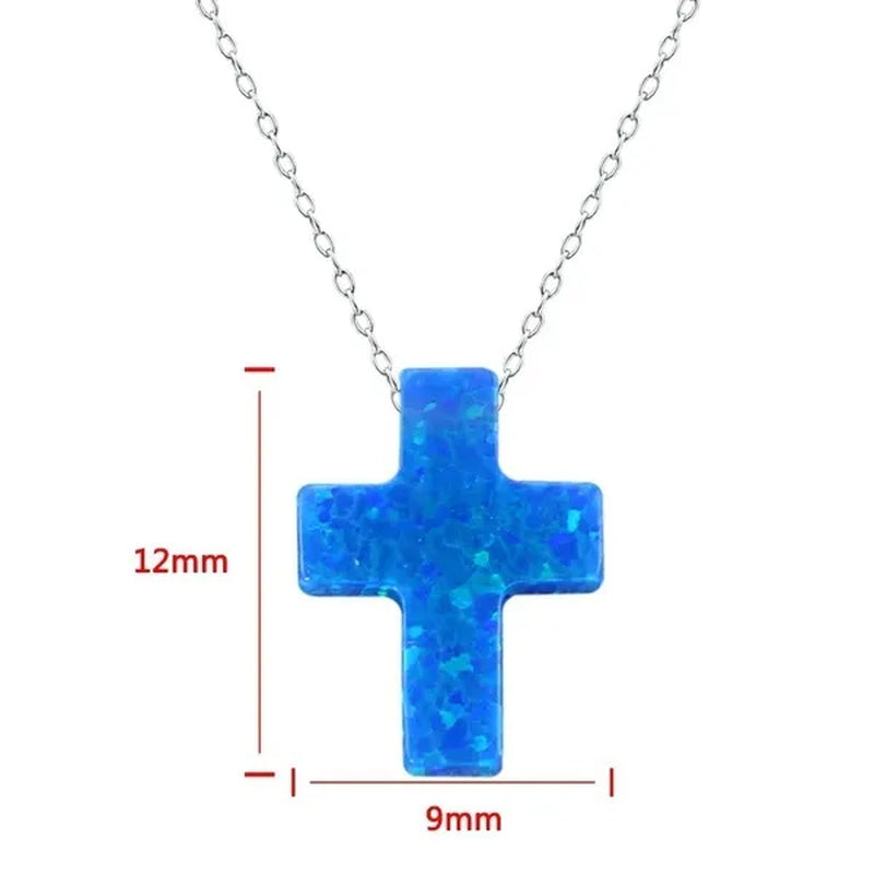 Blue Opal Cross Shaped Pendant Necklace for Women 925 Sterling Silver Chain Opal Jewelry