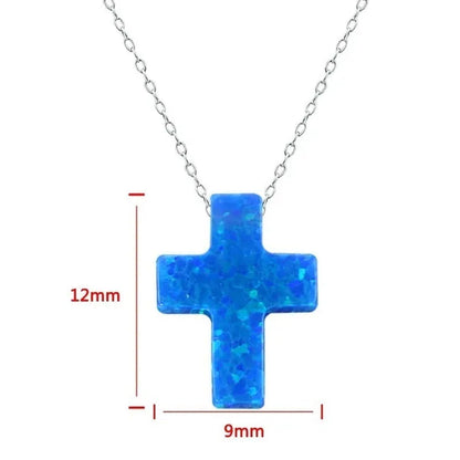 Blue Opal Cross Shaped Pendant Necklace for Women 925 Sterling Silver Chain Opal Jewelry