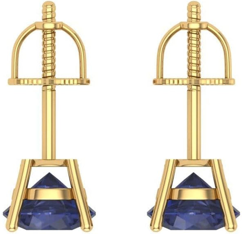 1.0 Ct Brilliant round Cut Solitaire VVS1 Simulated Blue Sapphire Pair of Stud Earrings Solid 18K Yellow Gold Screw Back