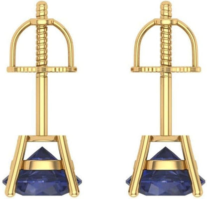 1.0 Ct Brilliant round Cut Solitaire VVS1 Simulated Blue Sapphire Pair of Stud Earrings Solid 18K Yellow Gold Screw Back