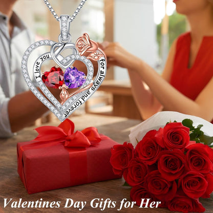 Rose Heart Necklace Gifts for Wife Women - 925 Sterling Silver Double Birthstone Necklace, Anniversary Birthday Gifts for Women, Jewelry Gifts for Wife Girlfriend Mom Her