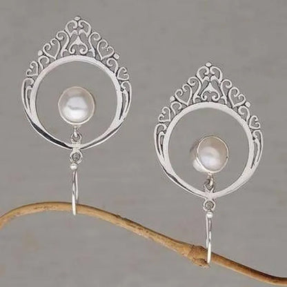 Classic Silver Color Delicate Pattern Engraving Cutout White Pearl Zircon Women'S Stud Earrings Set Bridal Anniversary Christmas Gift Beach Party Jewelry