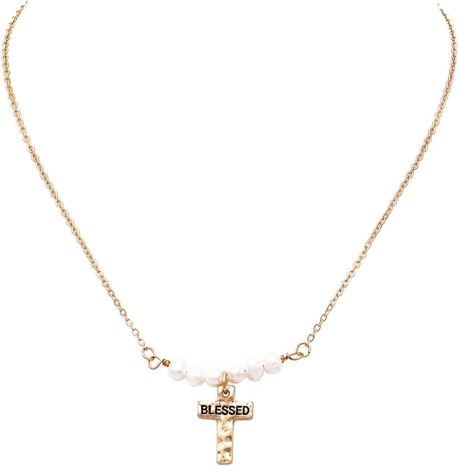 Women'S Stunning Inspirational Religious Blessed Cross Pendant with Freshwater Pearls Necklace, 15"+ 3" Extender - WORLD TIME VISITS