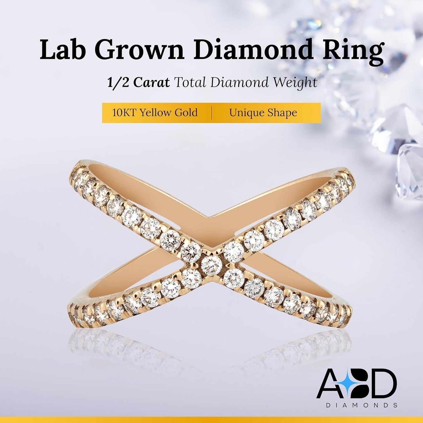 10KT Yellow Gold Criss Cross Lab-Grown Diamond Ring for Women, Fine Diamond Jewelry, Engagement, Gifts for Her, H,I Color, VS Clarity, 0.5 Carats