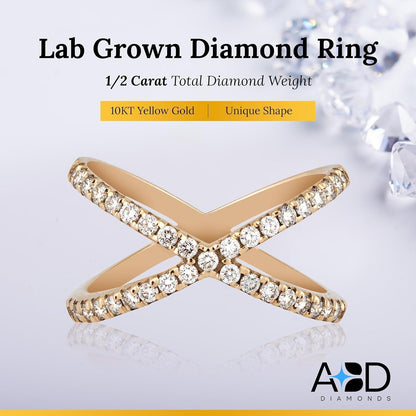 10KT Yellow Gold Criss Cross Lab-Grown Diamond Ring for Women, Fine Diamond Jewelry, Engagement, Gifts for Her, H,I Color, VS Clarity, 0.5 Carats