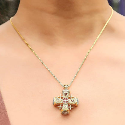 Crusaders Jerusalem Cross Pendant Necklace Gold Plating 18K Enamel Crystallized Stones 1.3"
