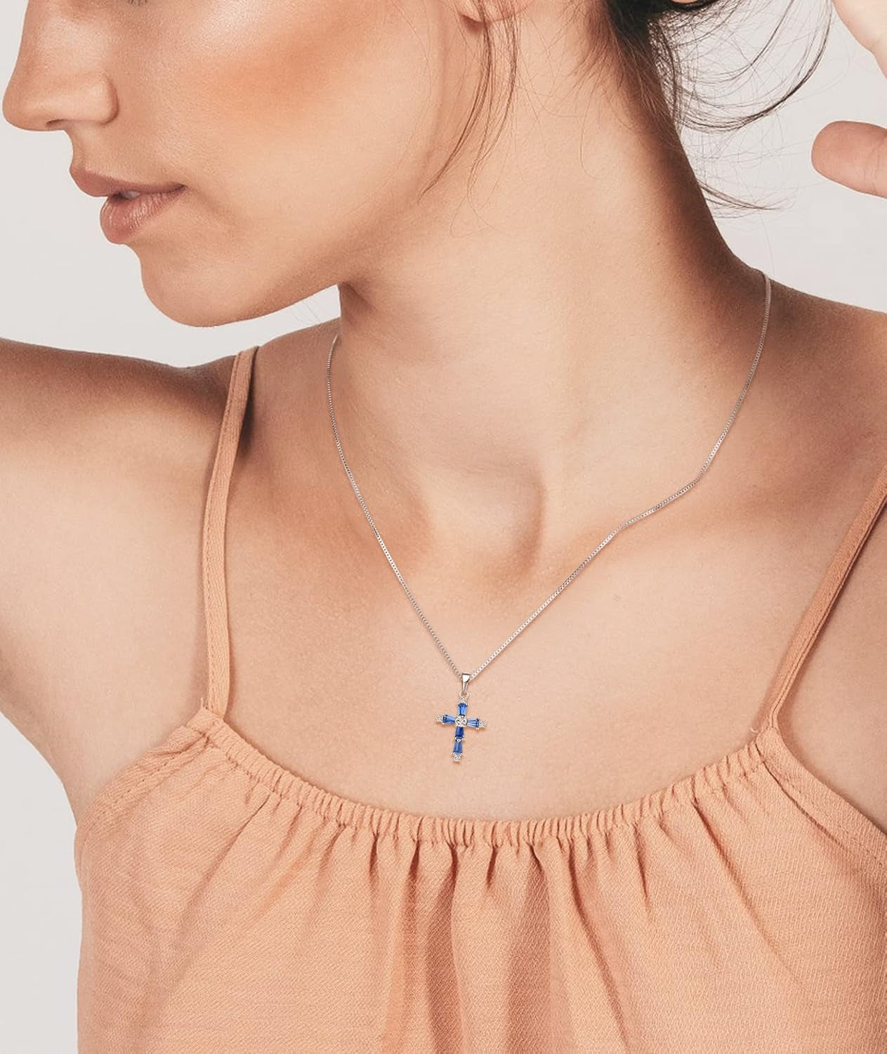 Women'S Cross Necklace Sterling Silver Criss Pendant Gemstones Christian Baptism Jewelry for Gift - WORLD TIME VISITS