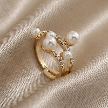 Vintage Pearl Cluster Stacking Promise Ring - Adjustable Open Finger Ring Trendy Personality Statement Jewelry for Women
