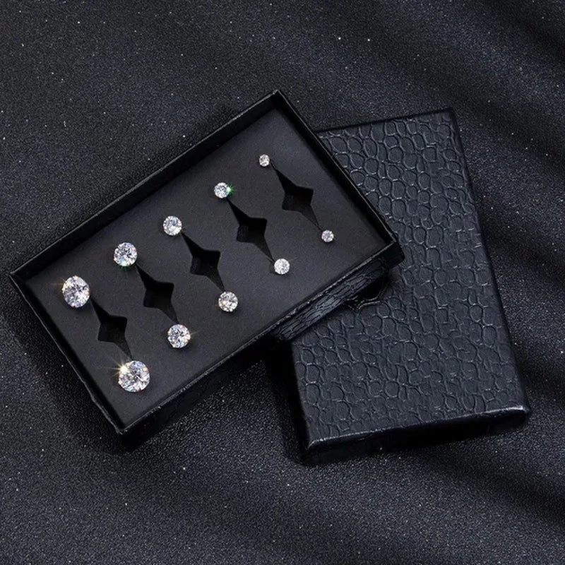 5 Pairs/Set Stainless Steel Mens Womens Stud Earrings Set round Cubic Zirconia Flat Back Earrings Piercing Ear Cartilage Hypoallergenic Men'S Earrings 3-7Mm