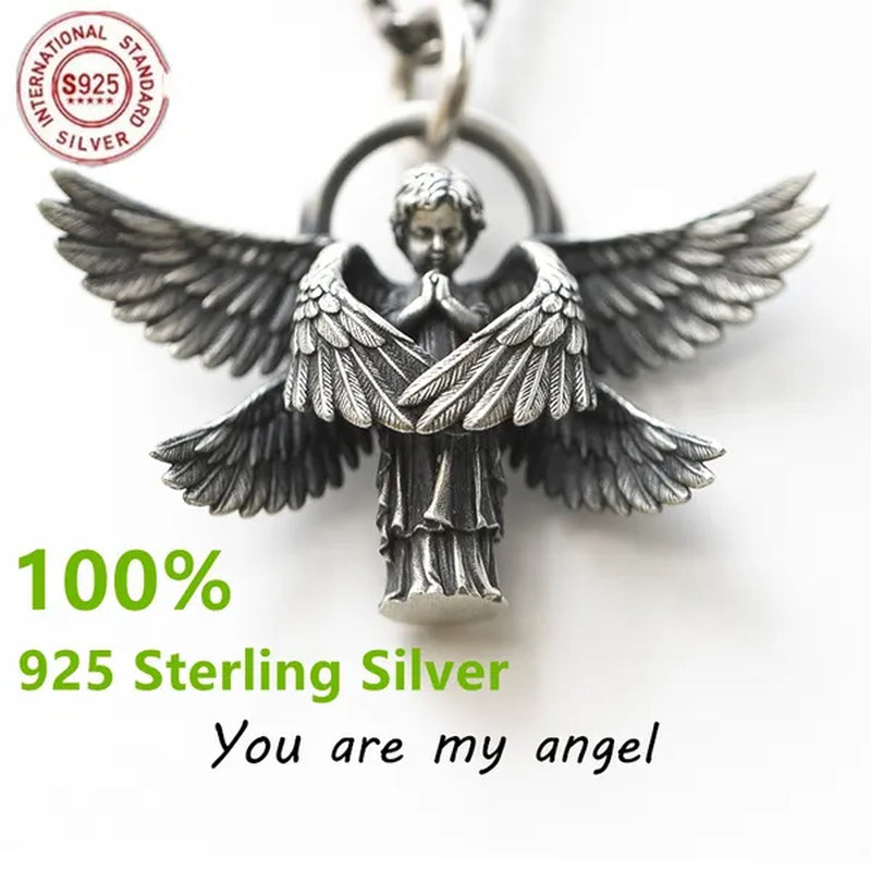 925 Sterling Silver Classic Angel Pendant Necklace Handmade Seraphim Pray Pendant Long Chain Neck for Men Women Jewelry