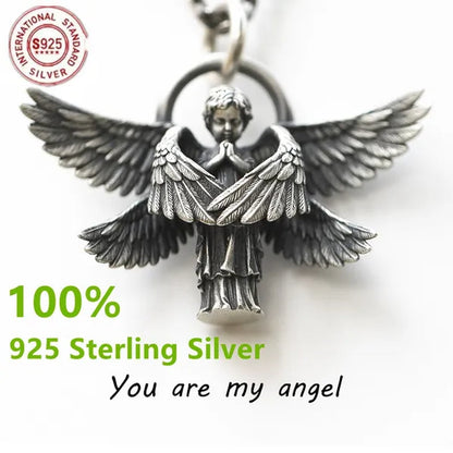 925 Sterling Silver Classic Angel Pendant Necklace Handmade Seraphim Pray Pendant Long Chain Neck for Men Women Jewelry