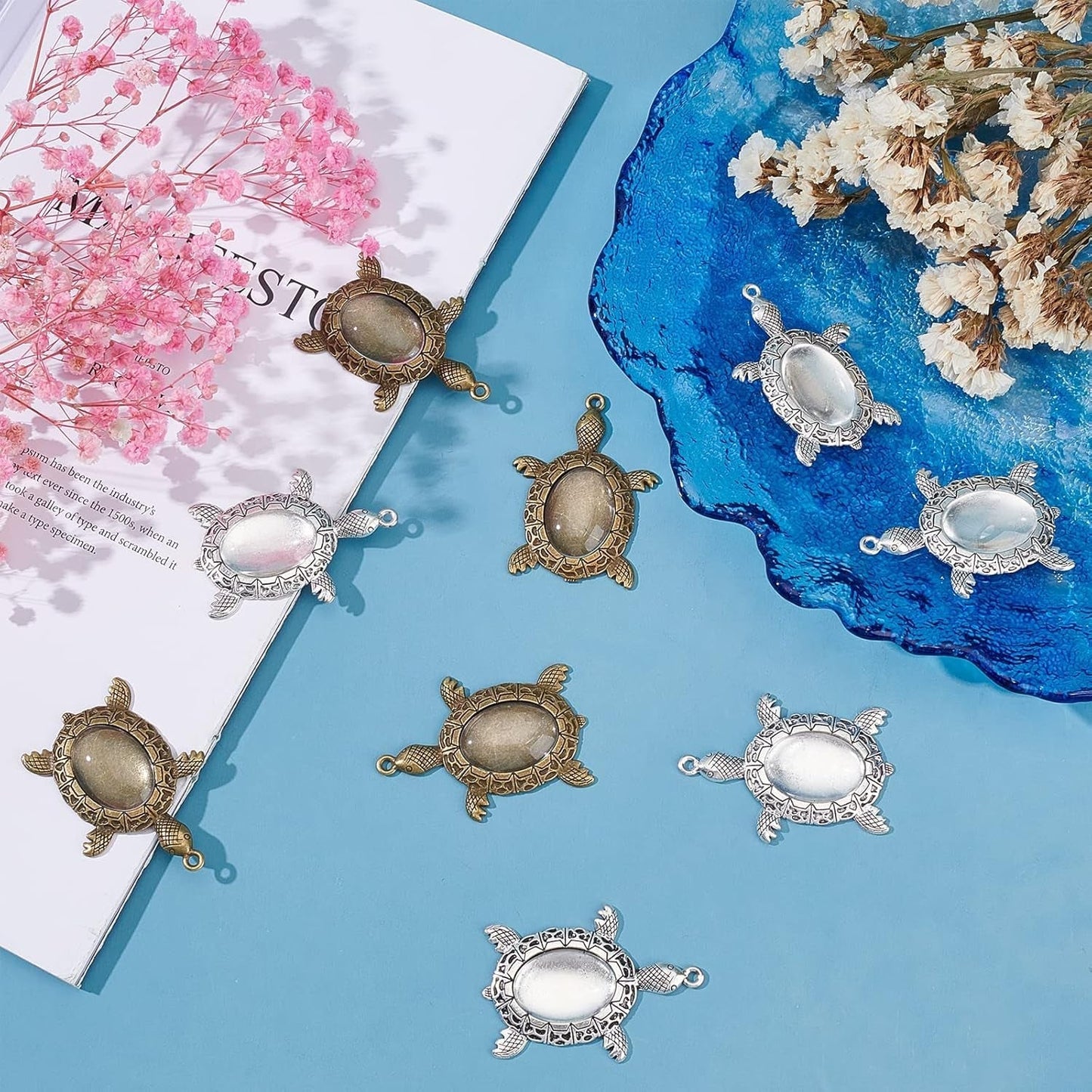 20 Sets Turtle Photo Charms Pendant Settings 25X18 Mm Oval Pendant Trays Cabochons Base Blank Bezel Cameo Bezel Cabochon Settings Memorial Photo Pendant for Graduation Jewelry Making