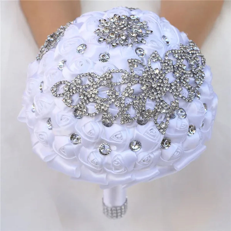 21CM Creative Handmade Diamond Flower Brooch Bouquet Ribbon Silk Rose Wedding Flower Bridal Bouquet Bridesmaid Holding Flowers - WORLD TIME VISITS
