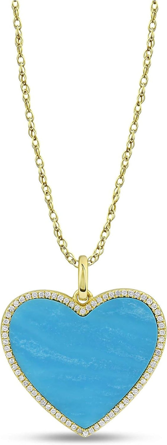 1/6 Carat Diamond and Turquoise or Blue Lapis Heart Pendant Necklace for Women in 14K White and Yellow Gold on 18 Inch Chain (H - I, I1 - I2, Cttw) Spring Ring - WORLD TIME VISITS
