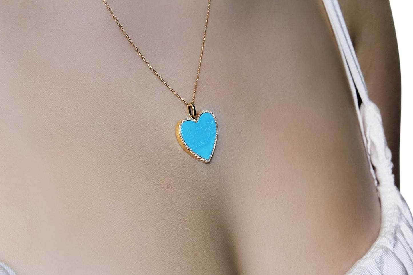 1/6 Carat Diamond and Turquoise or Blue Lapis Heart Pendant Necklace for Women in 14K White and Yellow Gold on 18 Inch Chain (H-I, I1-I2, Cttw) Spring Ring