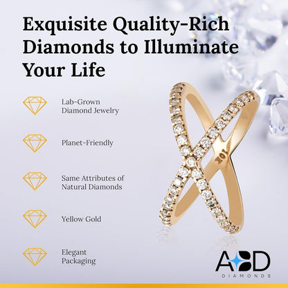 10KT Yellow Gold Criss Cross Lab-Grown Diamond Ring for Women, Fine Diamond Jewelry, Engagement, Gifts for Her, H,I Color, VS Clarity, 0.5 Carats