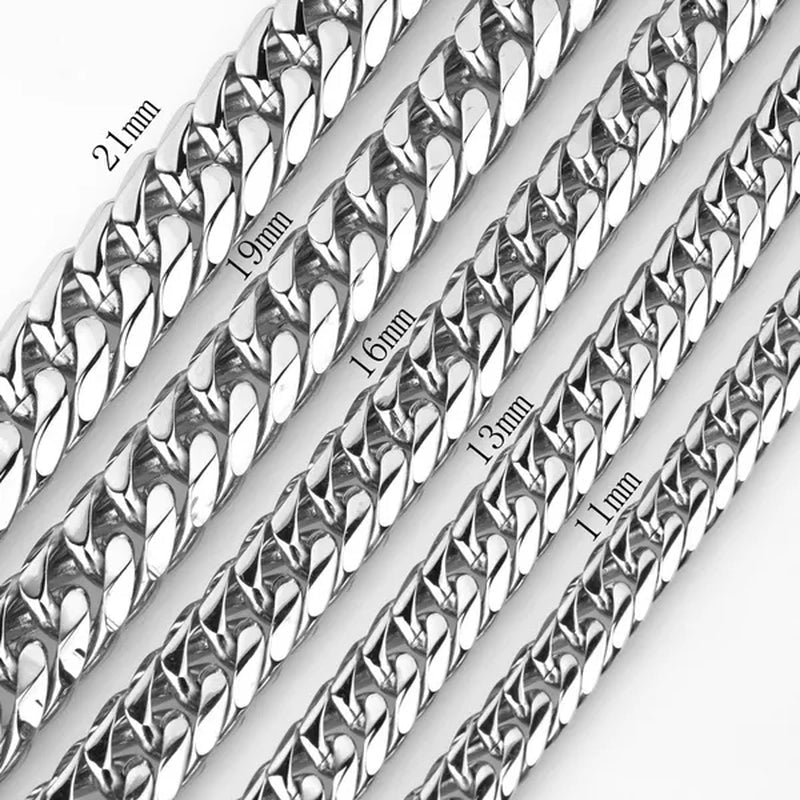 16/19/21Mm Stainless Steel Mens Silver Curb Cuban Chain Bracelet/Necklace 7"-24"