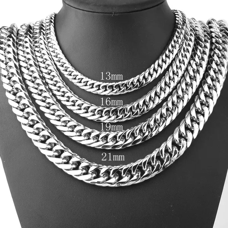 16/19/21Mm Stainless Steel Mens Silver Curb Cuban Chain Bracelet/Necklace 7"-24"