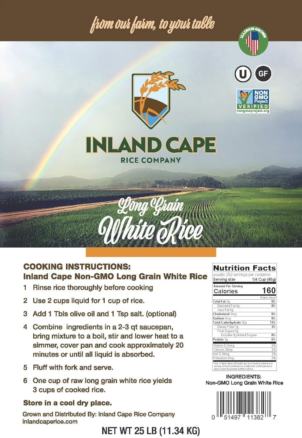 Inland Cape Rice, Long-Grain White Rice - Non-Gmo, USA Grown, 25 Lb Bag