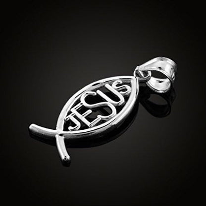 925 Sterling Silver Vertical Jesus Ichthus Charm Christian Fish Pendant - WORLD TIME VISITS