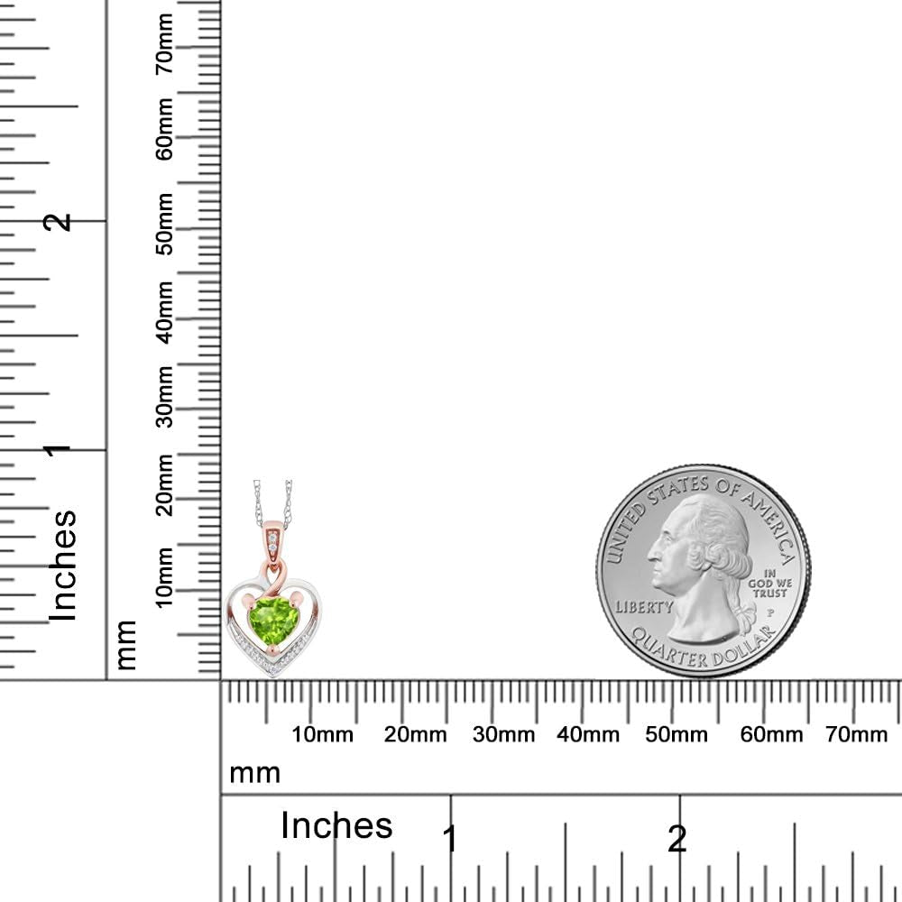 10K White and Rose Gold 5MM Peridot and Diamond Heart Shape Pendant Necklace for Women (0.50 Cttw, Gemstone Birthstone, with 18 Inch Chain)
