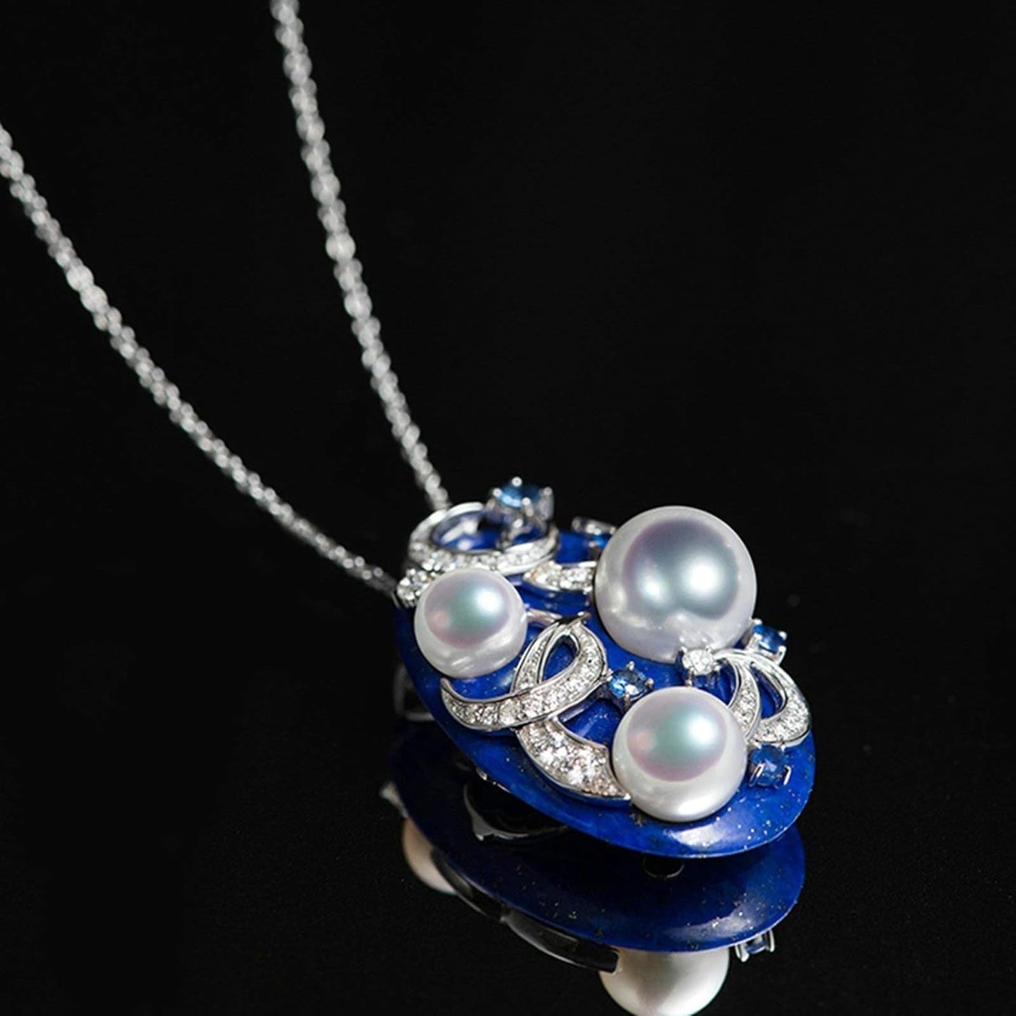 18K Gold Necklaces for Women Womens Necklaces Diamond 0.7Ct Moon Lapis Lazuli round Pearl Pendant Necklaces Silver