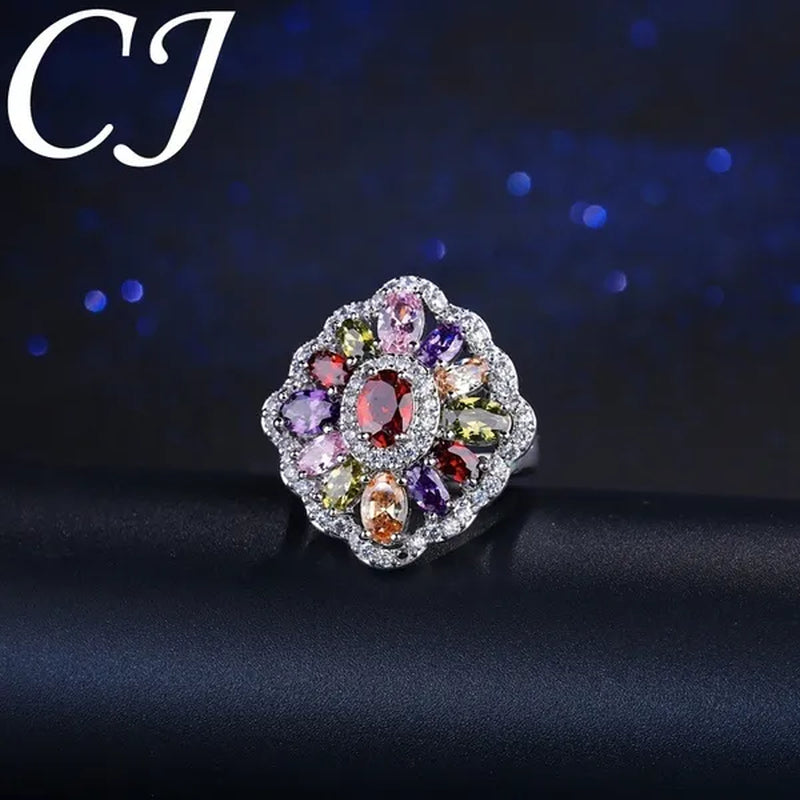 CANDICE Women Fashion Sterling Silver Plated Jewelry Summer New Design Paved Pink Purple Green Zircon Bling Lady Big Finger Rings（Us SIZE 6-9）