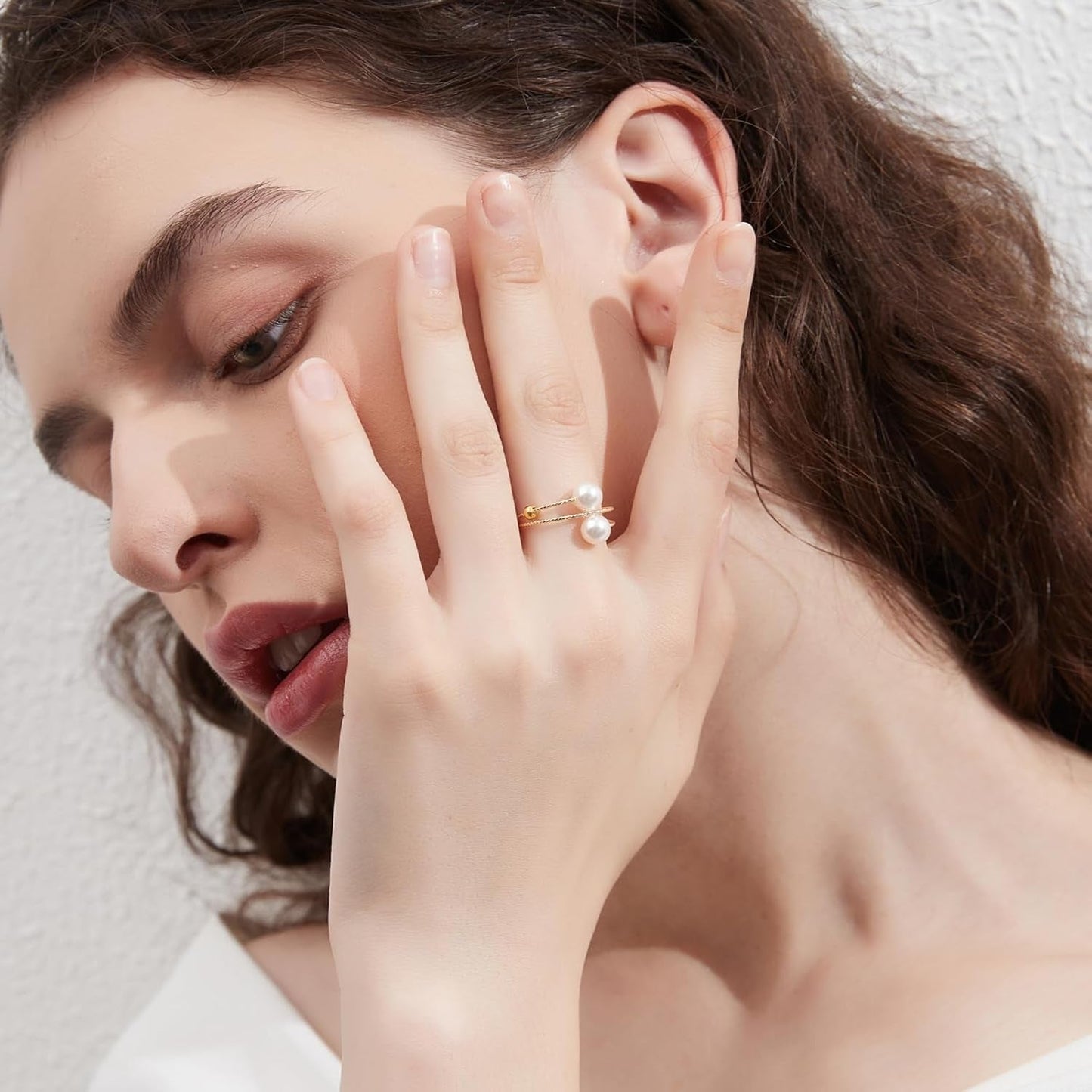 Minimalist Open Rings Adjustable Crystal Pearl Jewelry Anniversary Gifts for Her (Double Laps) (Crystal Pearls)