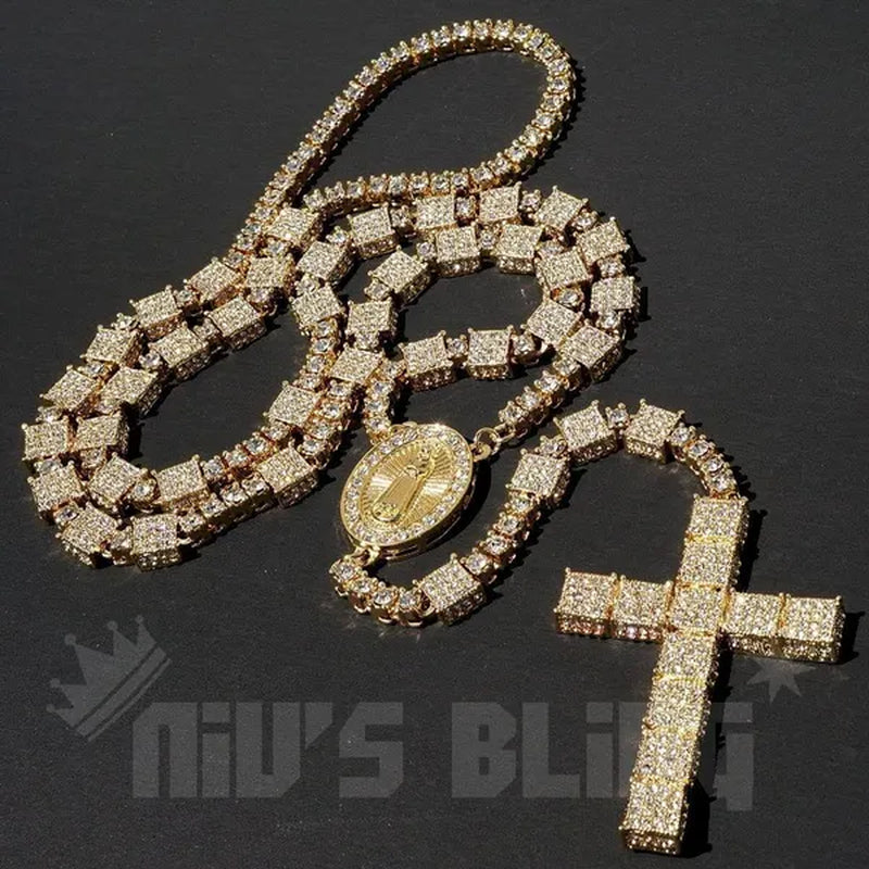 Men's 14k Gold CZ Iced Simulated Diamonds ROSARY SQUARE Jesus Cross Pendant 30" Chain Necklace