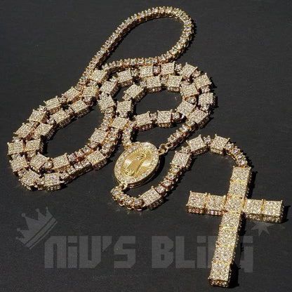 Men's 14k Gold CZ Iced Simulated Diamonds ROSARY SQUARE Jesus Cross Pendant 30" Chain Necklace