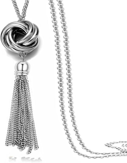 Long Tassel Necklace Silver Tone Lovely Knot Tassel Pendant Knot Snake Chain for Women