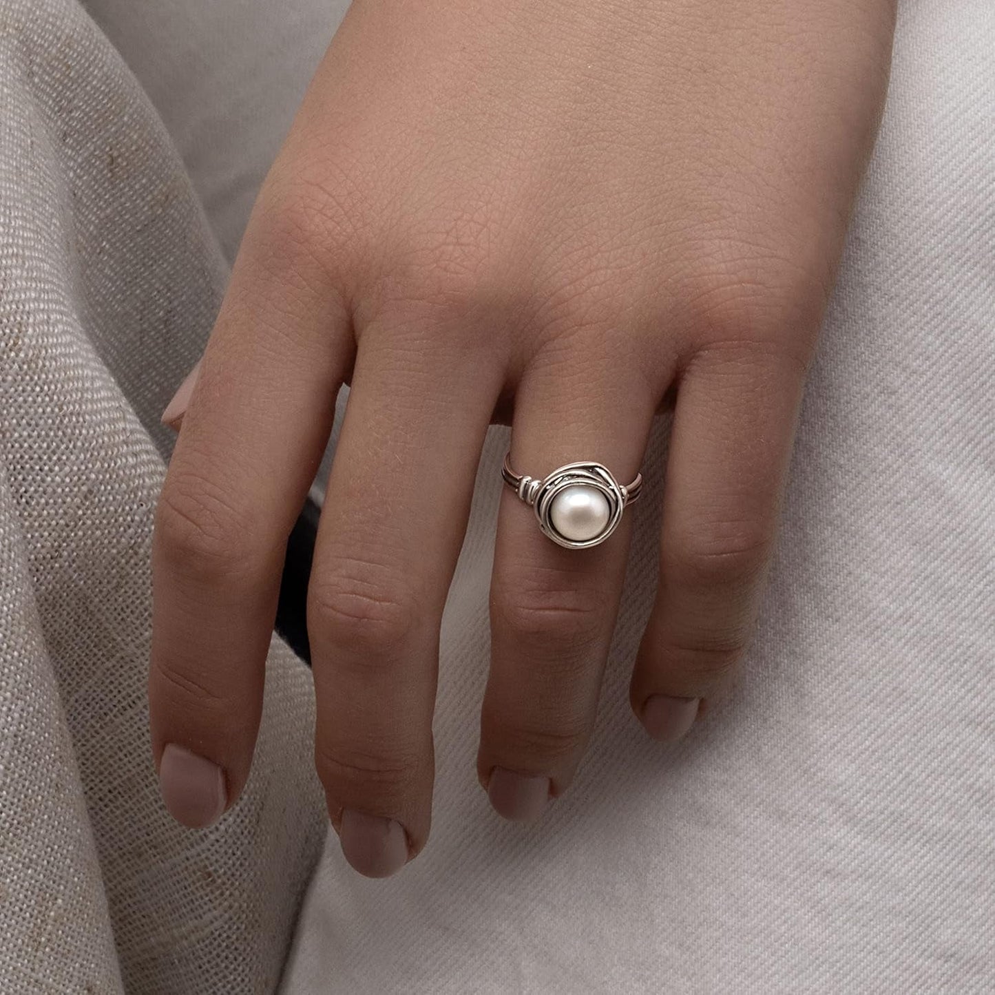 925 Sterling Silver Ring with Fresh Water Pearl Wire Wrap Vintage Design - Hypoallergenic, Nickel & Lead-Free - Artisan Handcrafted Statement Rings for Women - WORLD TIME VISITS