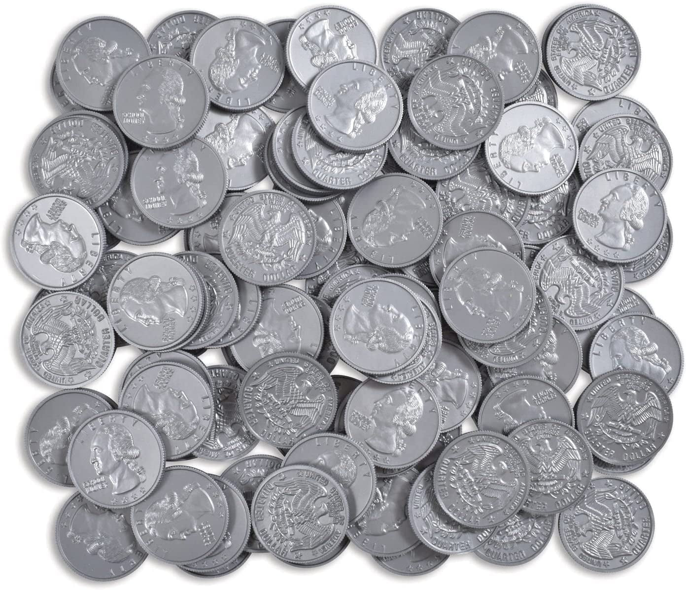 Play Quarters - Set of 100 Plastic Coins - Designed and Sized like Real US Currency - Teach Money Math with This Pretend Play Resource Master Coins - WORLD TIME VISITS