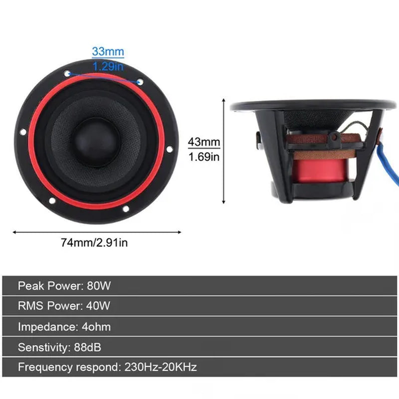 2Pcs Universal 80W 4Ohm 2.5Inch Kevlar Cone Midrange Car Speakers