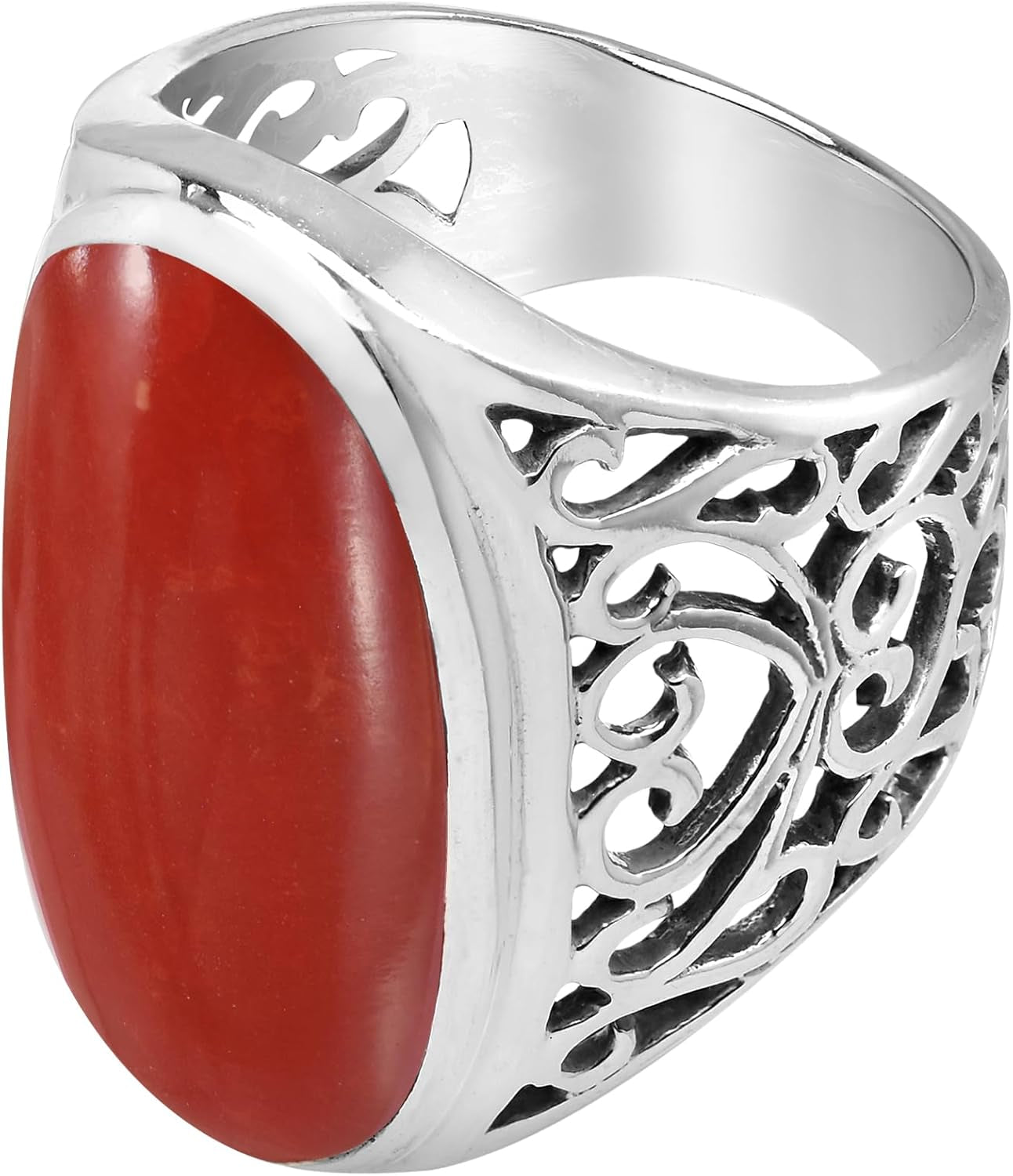 Bold Lrg Oval Reconstructed Red Coral Intricate Heart Filigree .925 Sterling Silver Ring - WORLD TIME VISITS