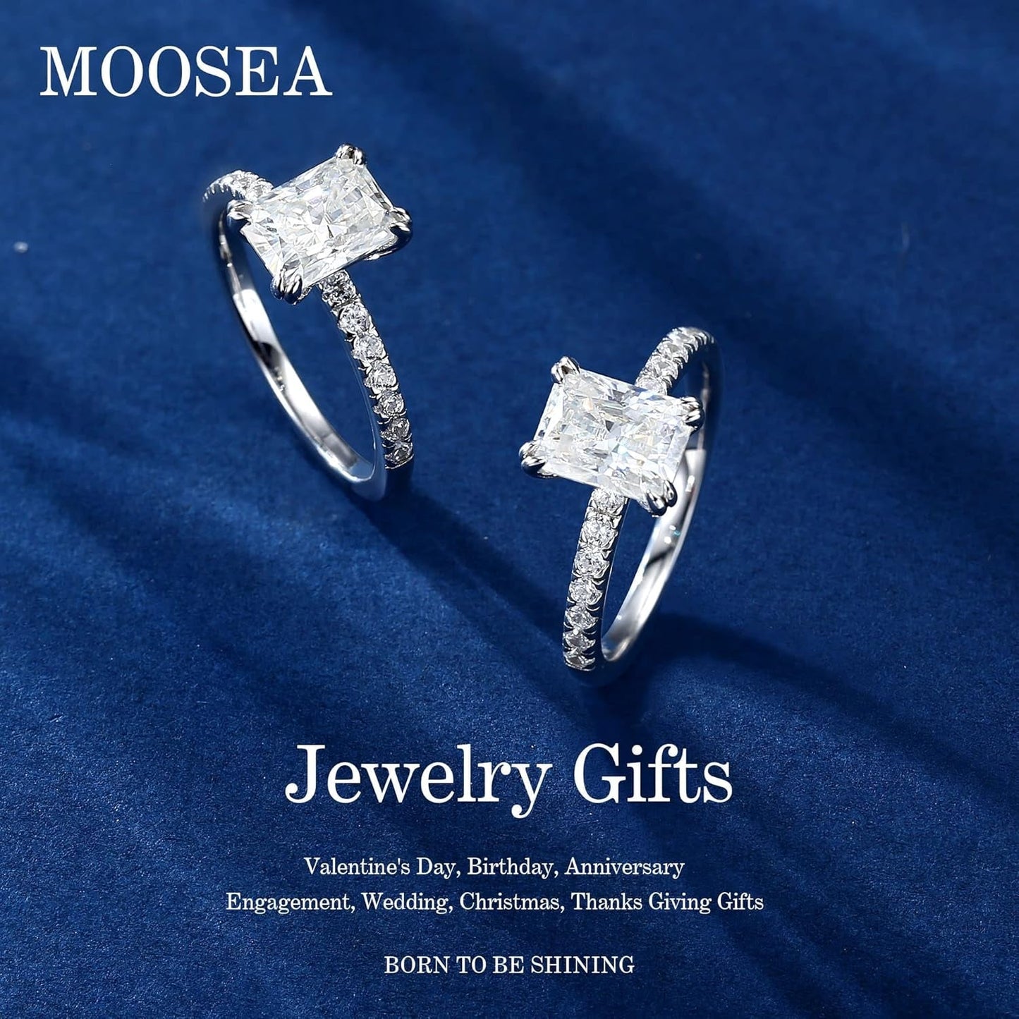 2Ct Radiant Cut Moissanite Rings for Women - D Color VVS1 Clarity Lab Created Moissanite Wedding Rings for Women 14K White Gold Plated Moissanite Engagement Ring Valentines Day Gifts for Her