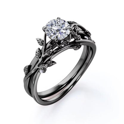 Half Carat round Real Diamond Bridal Set - Leaf and Vine Diamond Wedding Ring Set - 10K Black Gold