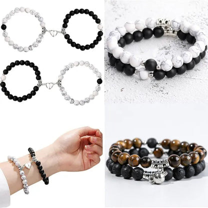 2pcs Delicate Women's White Turquoise Frosted Couple Bracelets Heart Shaped Beads Bracelets Hand Woven Adjustable Bracelets Women's Couple Jewelry Accessories Birthday Party Anniversary Gift
