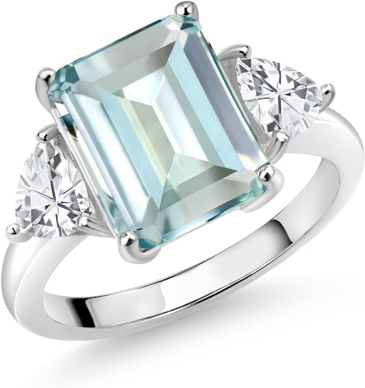 6.95 Cttw Sky Blue Simulated Aquamarine 3 Stone Engagement Ring for Women | 925 Sterling Silver | Emerald Cut 12X10MM | Trillion 5MM | Available in Size 5, 6, 7, 8, 9 - WORLD TIME VISITS
