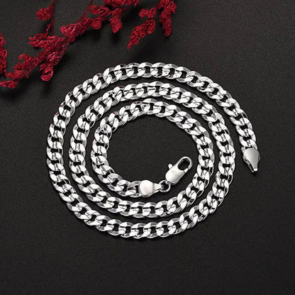 Solid 925 Sterling Silver Italian 7mm Solid Diamond-Cut Cuban Link Curb Chain Necklace for Men
