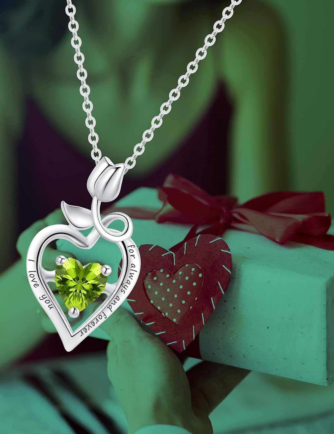 Fine Jewelry Birthstone Natural Peridot Necklace Sterling Silver Rose Flower Heart Gemstone Pendant Anniversary Birthday Gifts for Women Her Wife Mom