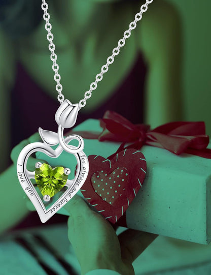 Fine Jewelry Birthstone Natural Peridot Necklace Sterling Silver Rose Flower Heart Gemstone Pendant Anniversary Birthday Gifts for Women Her Girls Wife Mom
