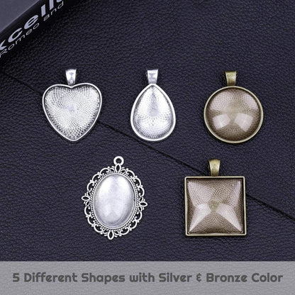60Pcs Pendant Trays, Bezel Pendant Trays Blanks with Glass Cabochons for Pendants Making and Jewelry Making, 5 Styles