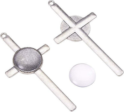 16Pcs Cross Pendant Trays Photo Charms Bezel Settings and 16Pcs Glass Cabochon Dome Tiles Clear Cameo Memorial Photo Pendant for Bouquet Wedding Graduation Easter Making