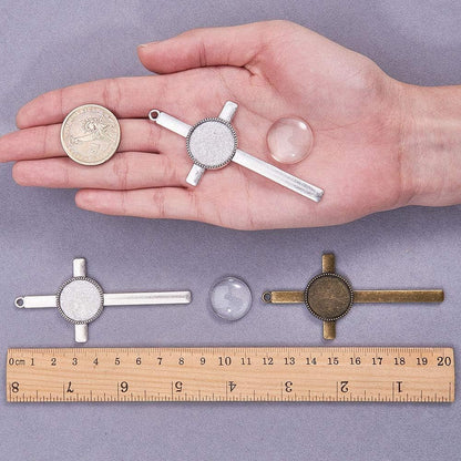 16Pcs Cross Pendant Trays Photo Charms Bezel Settings and 16Pcs Glass Cabochon Dome Tiles Clear Cameo Memorial Photo Pendant for Bouquet Wedding Graduation Easter Making