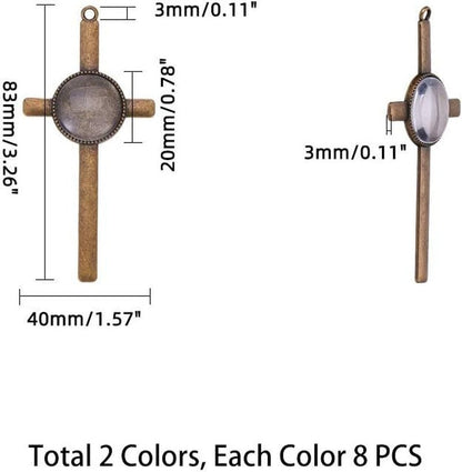 16Pcs Cross Pendant Trays Photo Charms Bezel Settings and 16Pcs Glass Cabochon Dome Tiles Clear Cameo Memorial Photo Pendant for Bouquet Wedding Graduation Easter Making