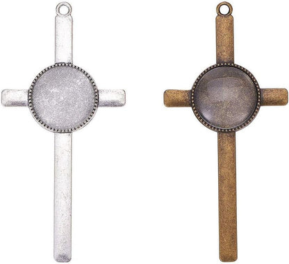 16Pcs Cross Pendant Trays Photo Charms Bezel Settings and 16Pcs Glass Cabochon Dome Tiles Clear Cameo Memorial Photo Pendant for Bouquet Wedding Graduation Easter Making - WORLD TIME VISITS