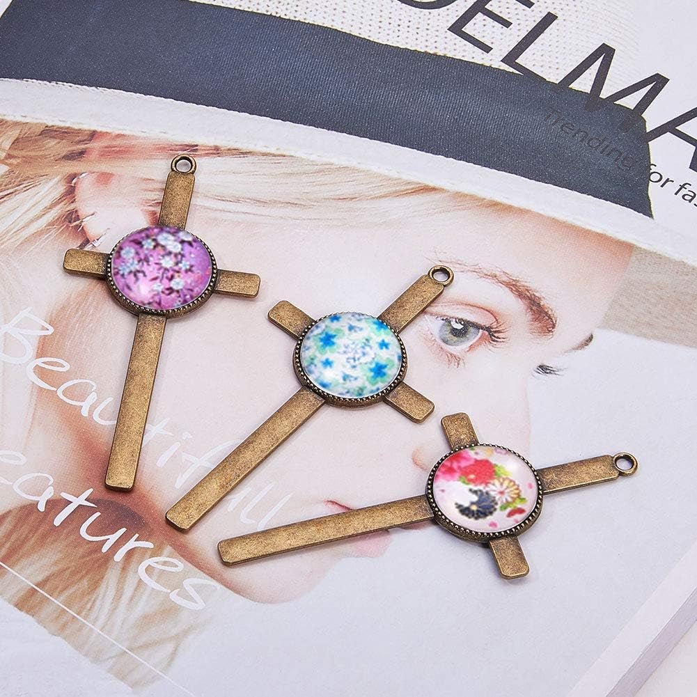 16Pcs Cross Pendant Trays Photo Charms Bezel Settings and 16Pcs Glass Cabochon Dome Tiles Clear Cameo Memorial Photo Pendant for Bouquet Wedding Graduation Easter Making