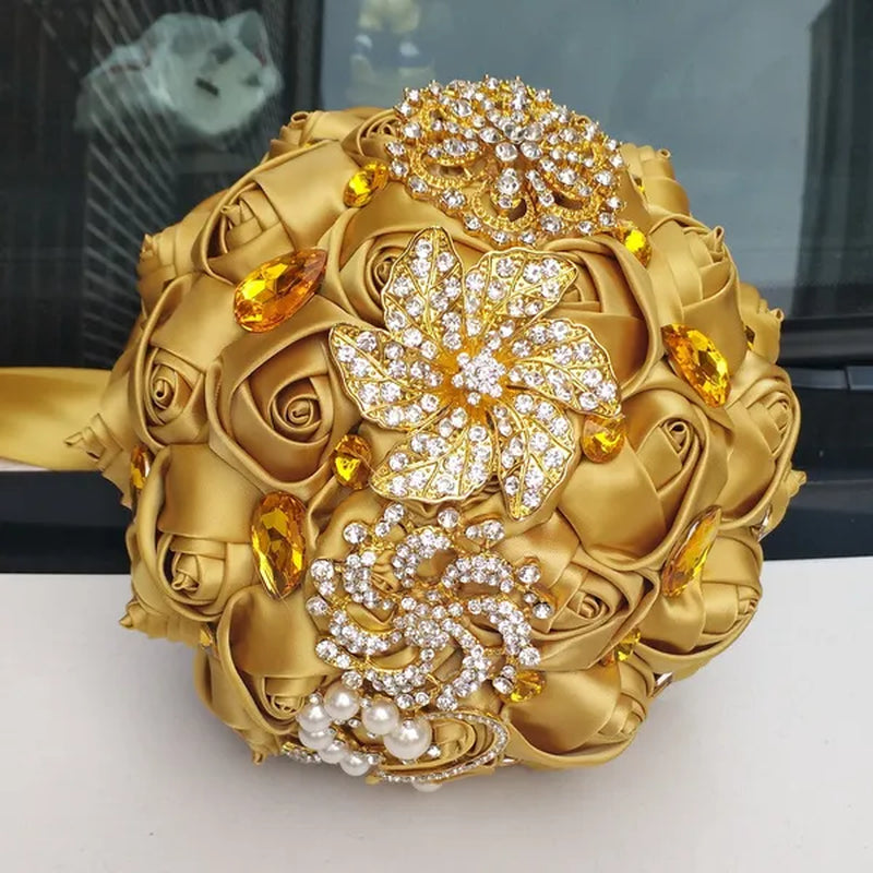 Private Custom 18CM Wedding Bouquet Luxury Gold Crystal Brooch Bride Bouquet Pure Handmade Silk Rose Ribbon Wedding Bride Holding Flowers Multi-color Optional - WORLD TIME VISITS