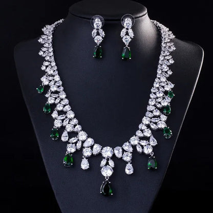 CANDICE Gorgeous Multi Cut CZ Stone Water Drop Tassel Necklace Earrings Set High Quality White Gold Plated Costume Jewelry Sets for Wedding Prom
